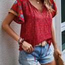  Boho Floral Print V Neck Ruffle Short Sleeve T Shirt Blouse Casual Top