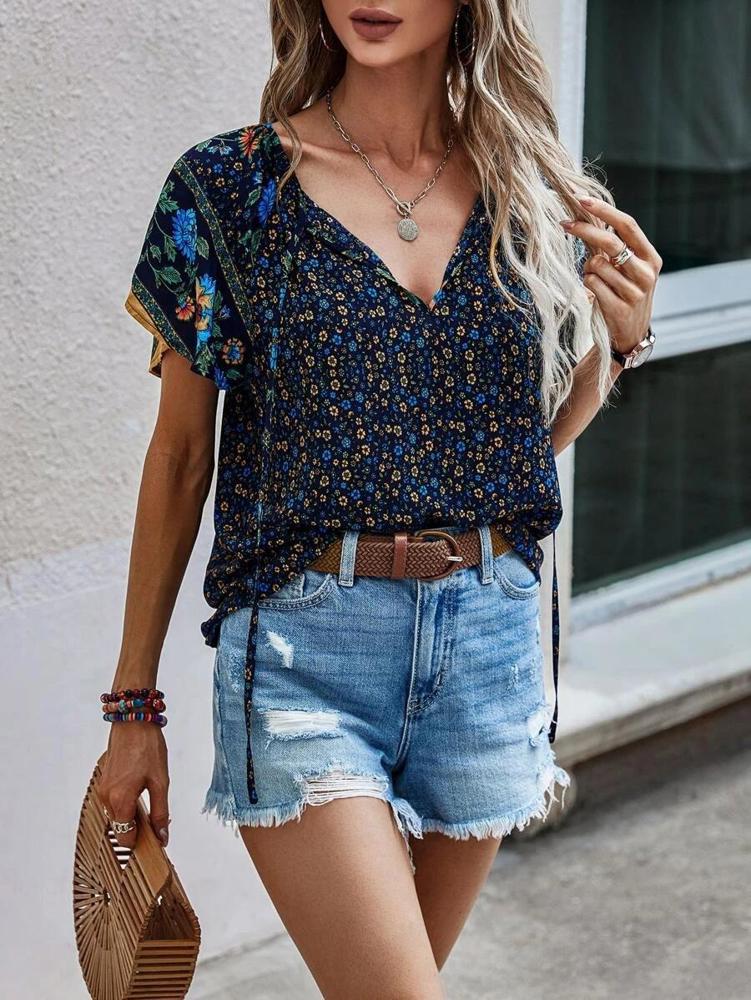 Boho Floral Print V Neck Ruffle Short Sleeve T Shirt Blouse Casual Top