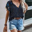  Boho Floral Print V Neck Ruffle Short Sleeve T Shirt Blouse Casual Top