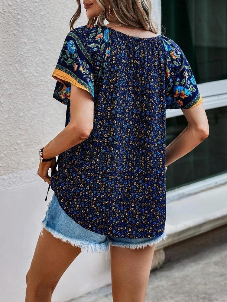 Boho Floral Print V Neck Ruffle Short Sleeve T Shirt Blouse Casual Top