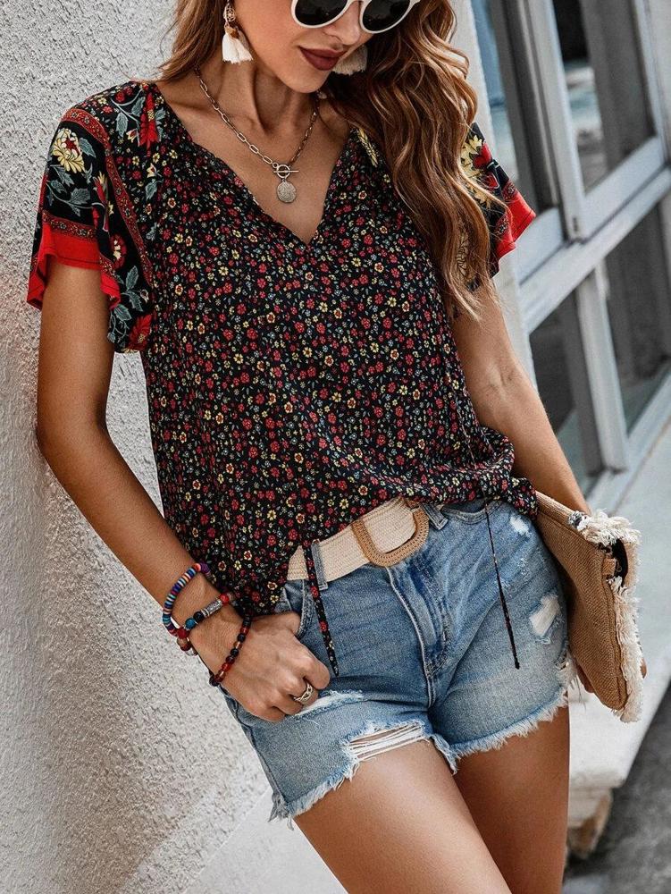 Boho Floral Print V Neck Ruffle Short Sleeve T Shirt Blouse Casual Top