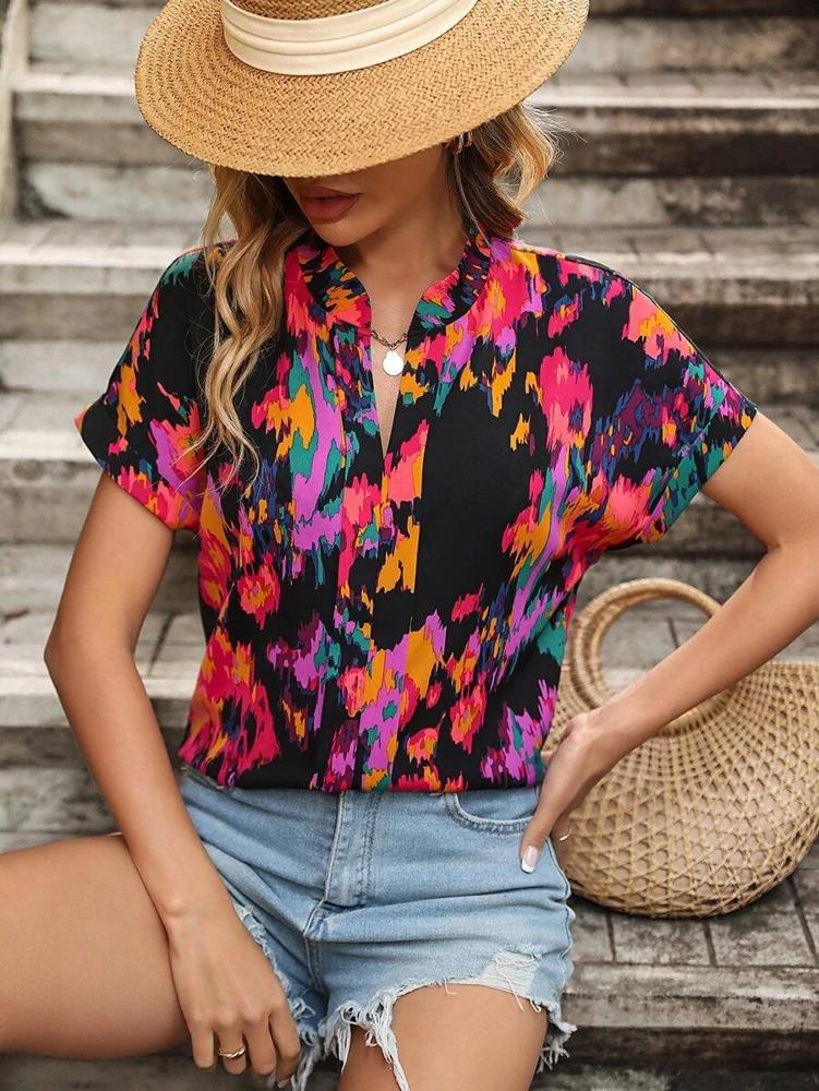 Womens Tshirts V Neck Short Sleeve Tops Tee Floral Print Blouse