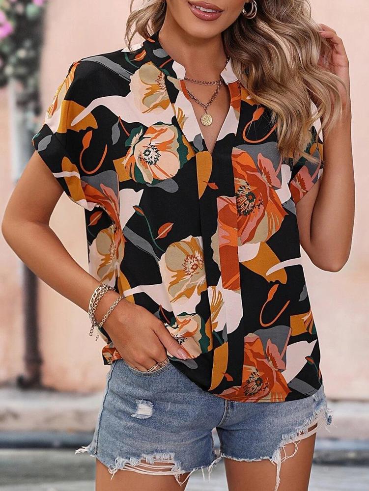 Womens Tshirts V Neck Short Sleeve Tops Tee Floral Print Blouse