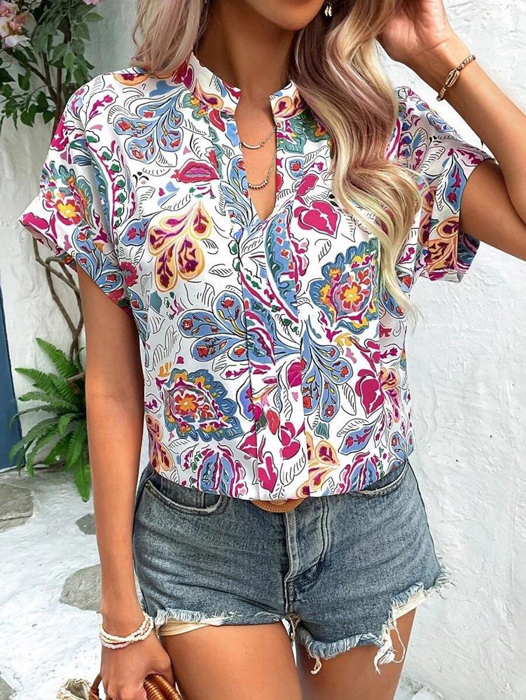 Womens Tshirts V Neck Short Sleeve Tops Tee Floral Print Blouse