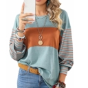  Long Sleeve Fall Tops Oversized 2024 Trendy Round Crew Neck Casual Color Block Womens Shirts Blouses