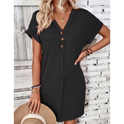 V neck Button Detail Cap Sleeve T shhirt  Dress