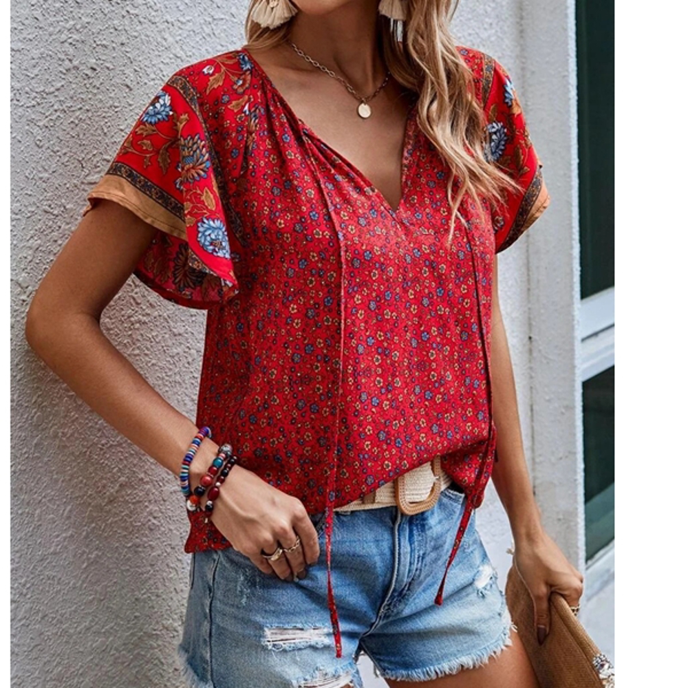 Boho Floral Print V Neck Ruffle Short Sleeve T Shirt Blouse Casual Top