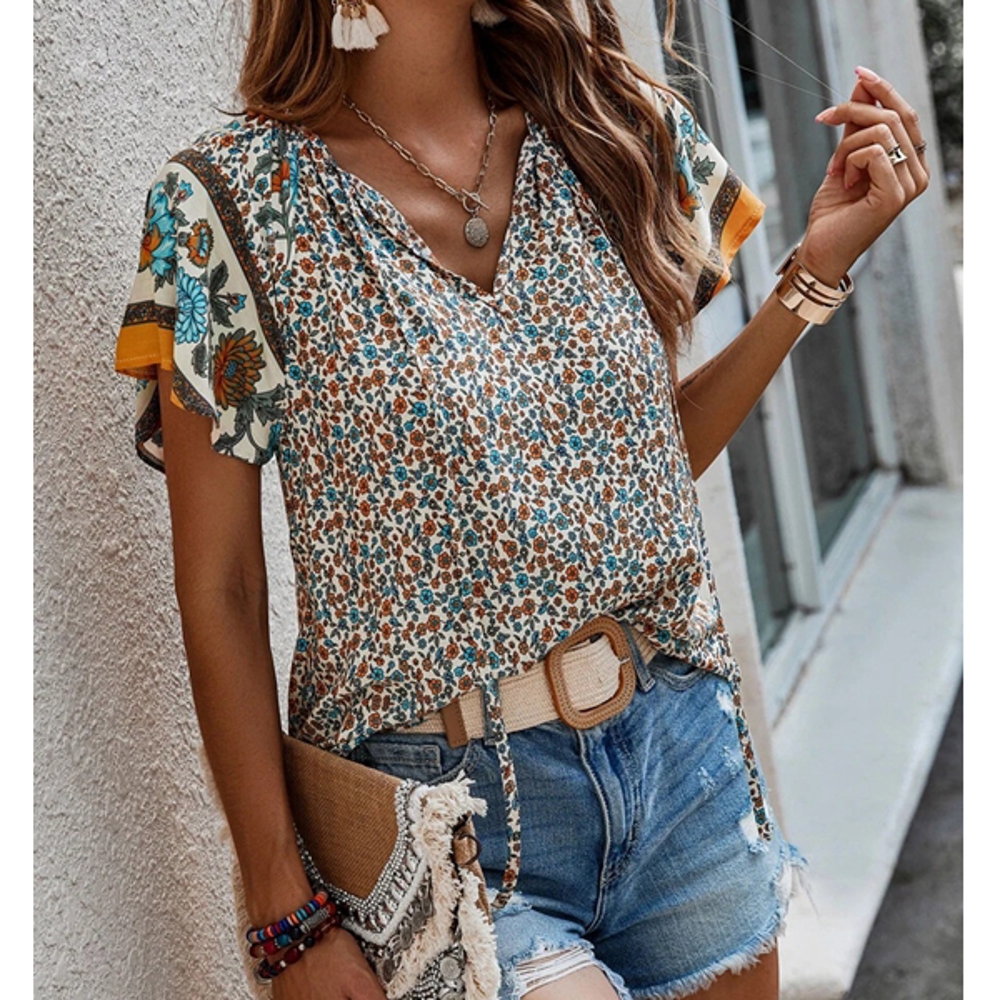 Boho Floral Print V Neck Ruffle Short Sleeve T Shirt Blouse Casual Top