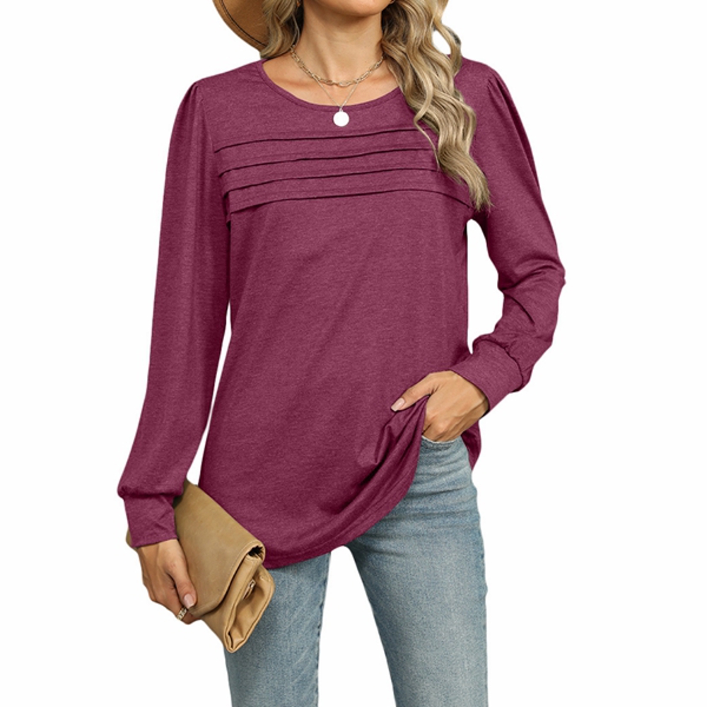 Womens Puff Long Sleeve Shirts Round Neck Ruffle Sleeve Tops Fall 