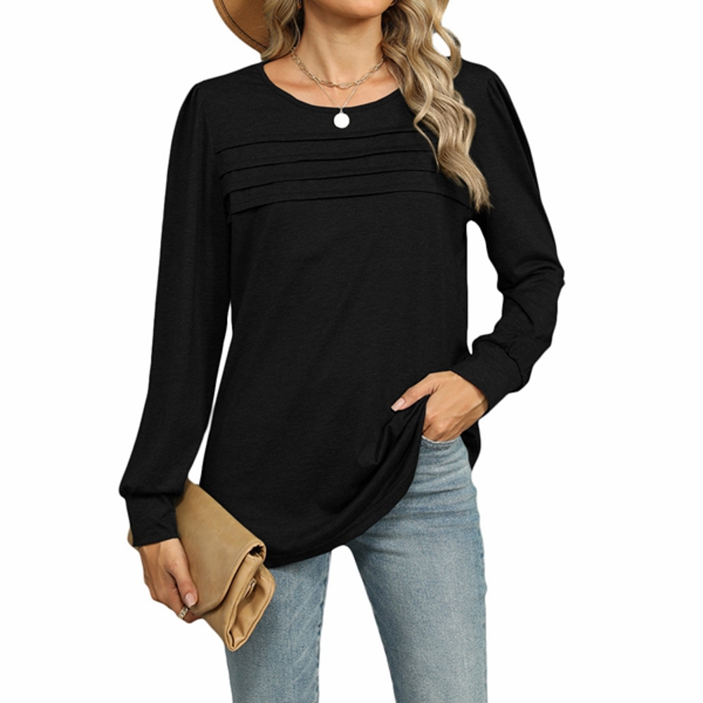 Womens Puff Long Sleeve Shirts Round Neck Ruffle Sleeve Tops Fall 