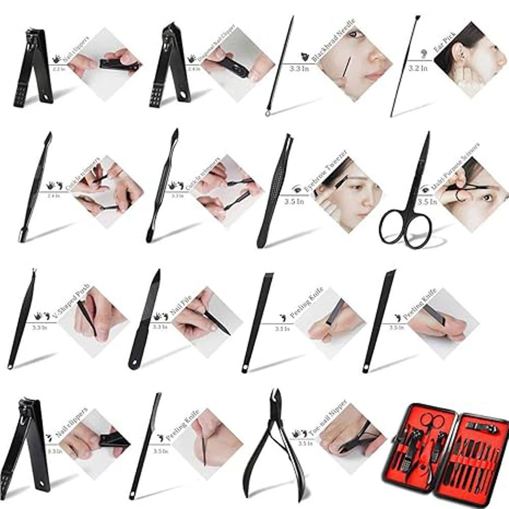 Professional Stainless Steel Nail Clipper Travel & Grooming Kit Nail Tools Manicure & Pedicure Set of 15pcs with Luxurious Case