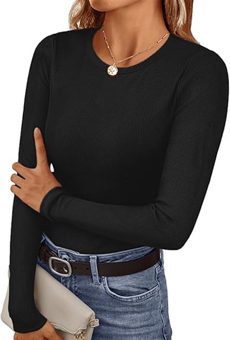 2PCS Womens Ribbed Shirts Crewneck Fitted Tops Casual Underscrubs Layer Slim Basic T-Shirts