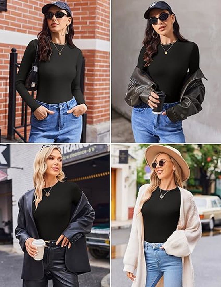 Womens Fall Long Sleeve Stretch Slim Round Neck Ribbed Basic Shirts