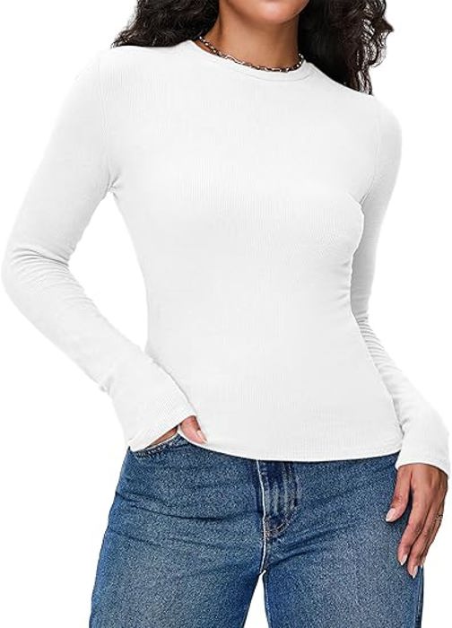 2PCS Womens Ribbed Shirts Crewneck Fitted Tops Casual Underscrubs Layer Slim Basic T-Shirts