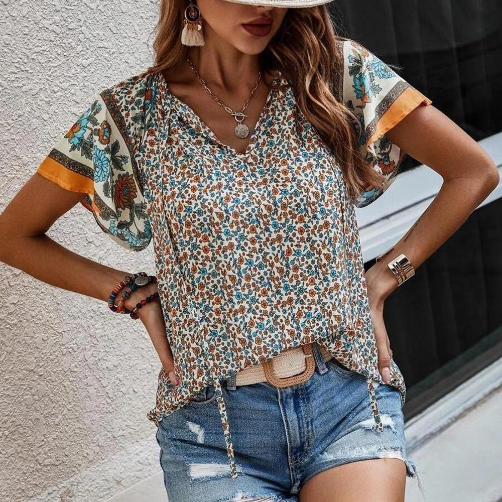 Boho Floral Print V Neck Ruffle Short Sleeve T Shirt Blouse Casual Top