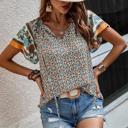  Boho Floral Print V Neck Ruffle Short Sleeve T Shirt Blouse Casual Top