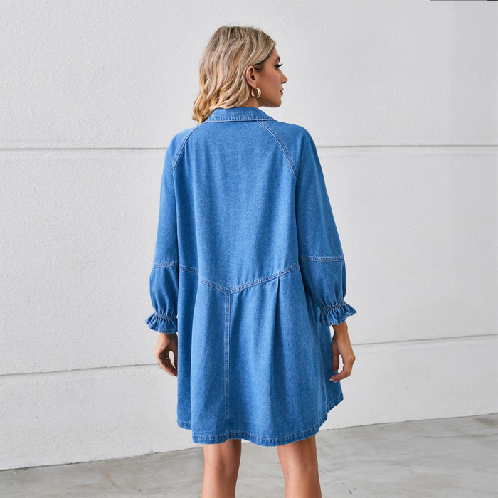 Ruffle Cuff Long Sleeve Shirt Denim Shirt Dress