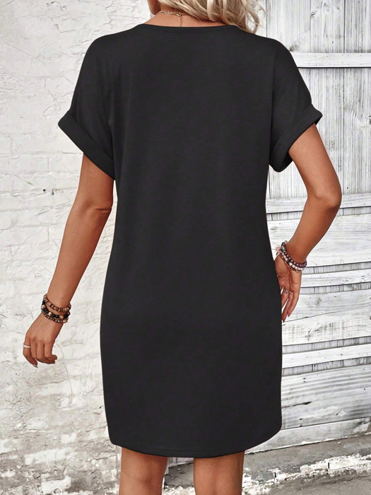 V neck Button Detail Cap Sleeve T shhirt  Dress