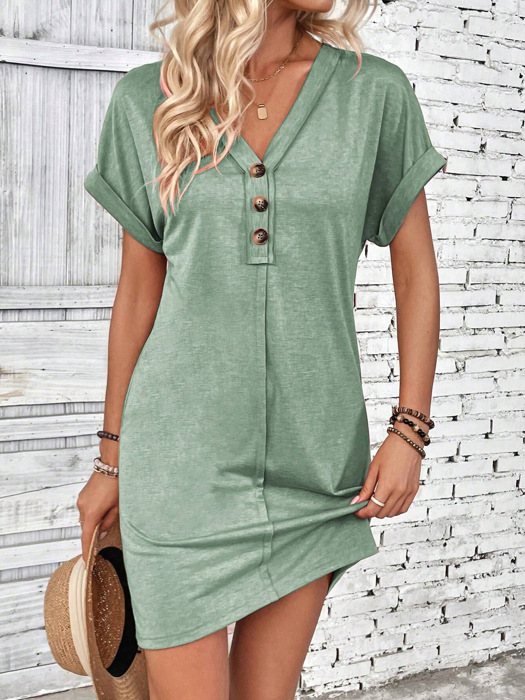 V neck Button Detail Cap Sleeve T shhirt  Dress