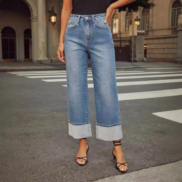 Women Trendy Crop Straight Leg Jeans Rolled Denim Pants