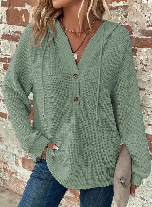 Casual V neck Hooded Waffle Tops