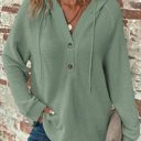 Green Large Casual V neck Hooded Waffle Tops