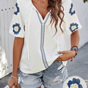  Embroidered Flower V Neck Elegant Half Sleeve Blouse