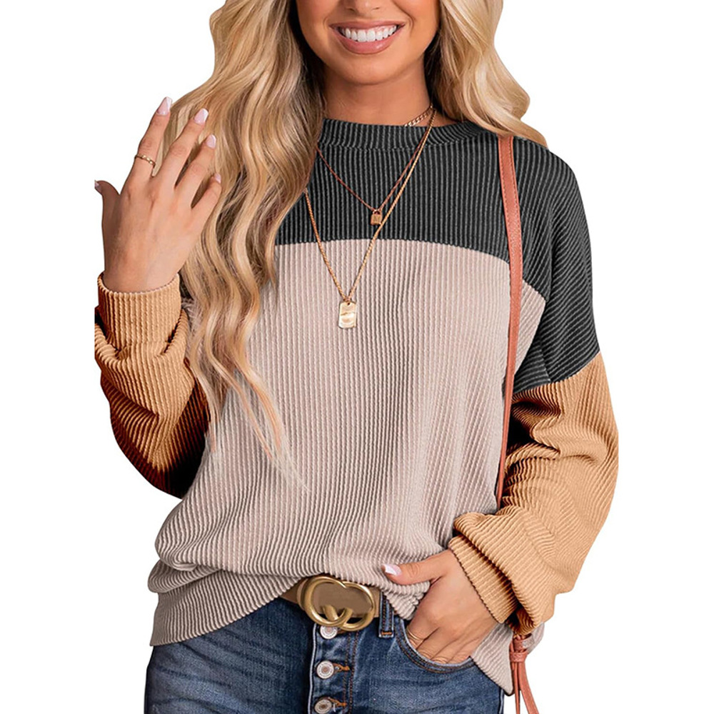 Womens Fashion 2024 Color Block Long Sleeve Crewneck Knitted Casual Loose Pullover Shirts Tops