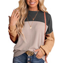  Womens Fashion 2024 Color Block Long Sleeve Crewneck Knitted Casual Loose Pullover Shirts Tops