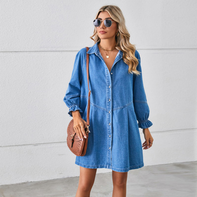 Ruffle Cuff Long Sleeve Shirt Denim Shirt Dress