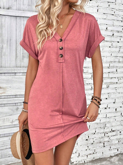 V neck Button Detail Cap Sleeve T shhirt  Dress