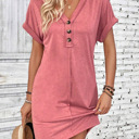  V neck Button Detail Cap Sleeve T shhirt  Dress