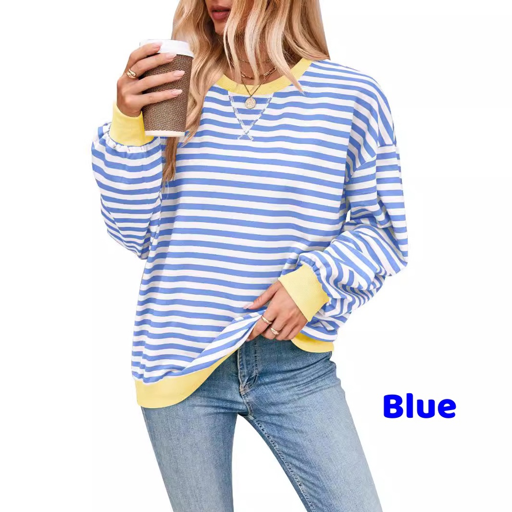 Women Striped Oversized Sweatshirt Color Block Crew Neck Long Sleeve Shirt Casual Pullover Top Fall Y2K Clothes