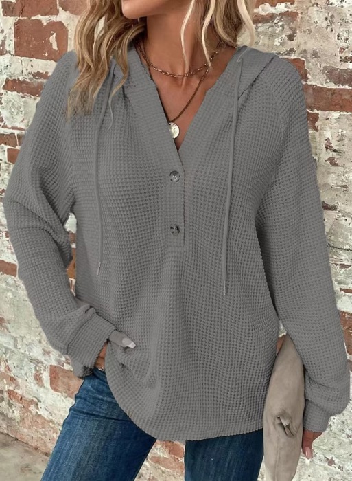 Casual V neck Hooded Waffle Tops