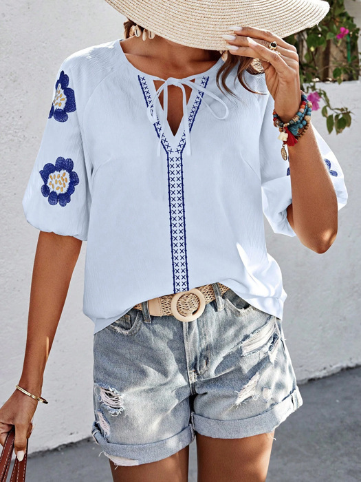 Embroidered Flower V Neck Elegant Half Sleeve Blouse