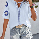  Embroidered Flower V Neck Elegant Half Sleeve Blouse