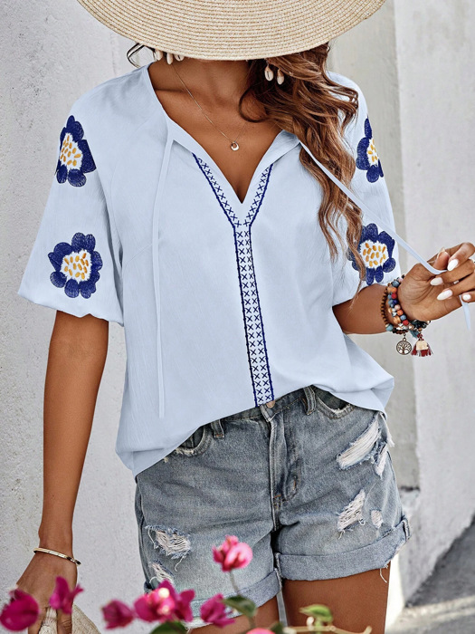 Embroidered Flower V Neck Elegant Half Sleeve Blouse