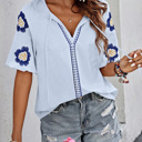  Embroidered Flower V Neck Elegant Half Sleeve Blouse