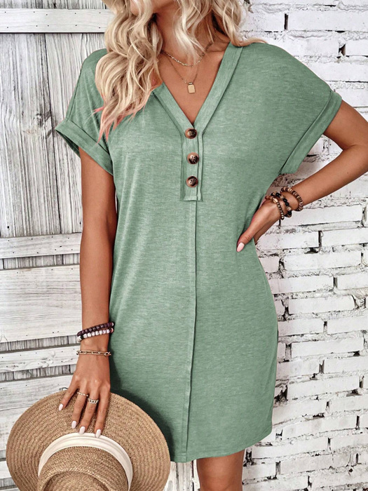 V neck Button Detail Cap Sleeve T shhirt  Dress