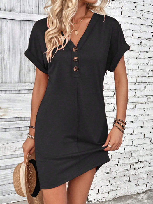 V neck Button Detail Cap Sleeve T shhirt  Dress