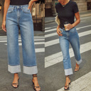  Women Trendy Crop Straight Leg Jeans Rolled Denim Pants