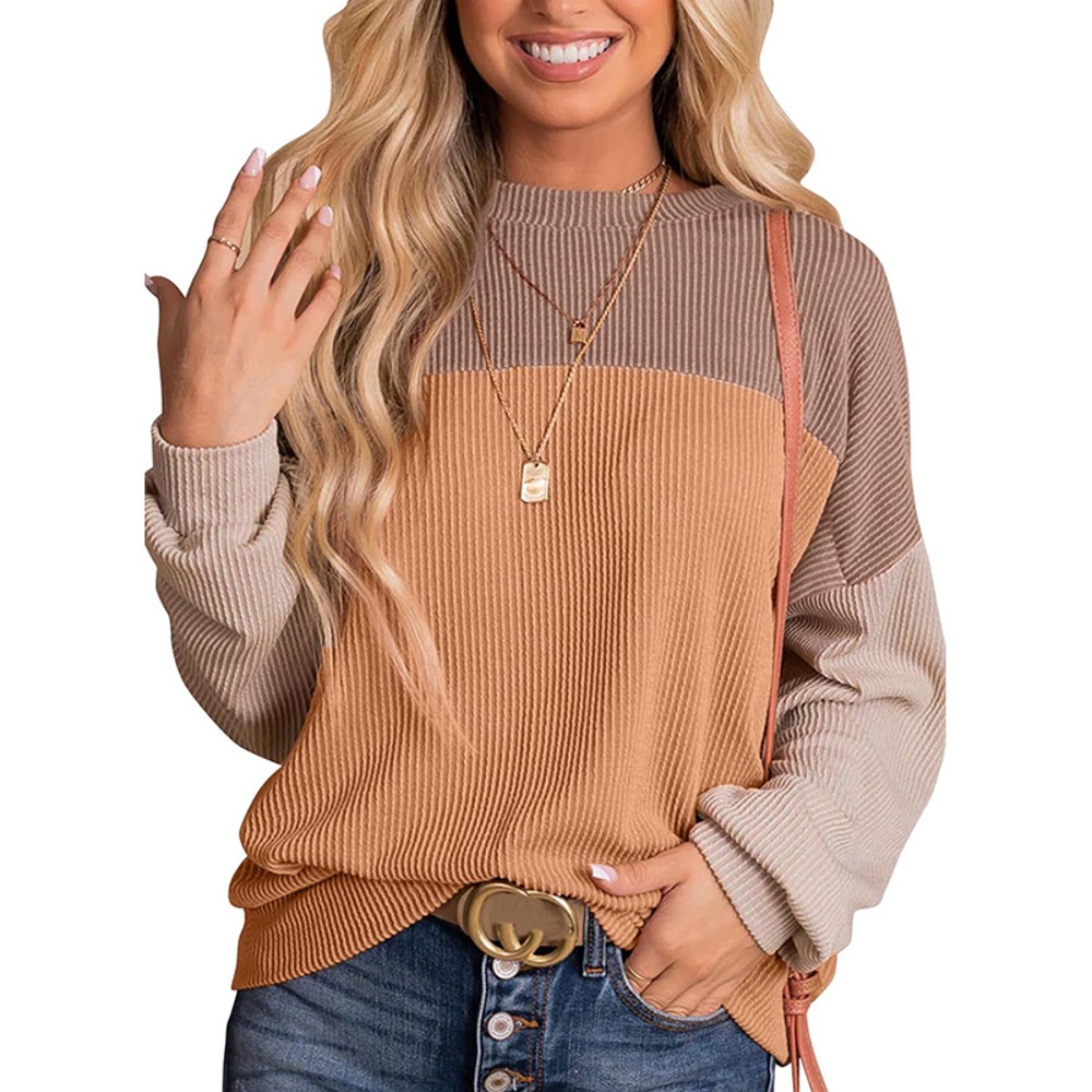 Womens Fashion 2024 Color Block Long Sleeve Crewneck Knitted Casual Loose Pullover Shirts Tops