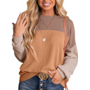  Womens Fashion 2024 Color Block Long Sleeve Crewneck Knitted Casual Loose Pullover Shirts Tops