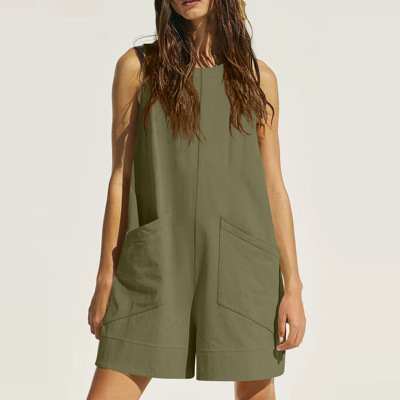 Sleeveless Round Neck Pocket Rompers