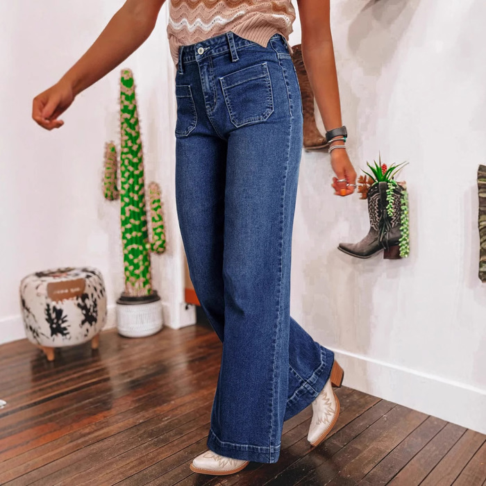 Sail Blue Wide Leg Pocketed High Waist Jeans