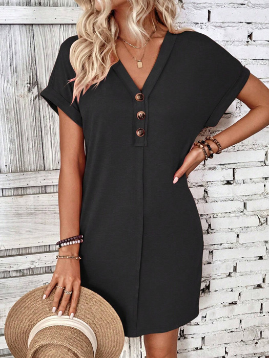 V neck Button Detail Cap Sleeve T shhirt  Dress