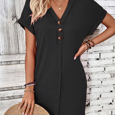 V neck Button Detail Cap Sleeve T shhirt  Dress