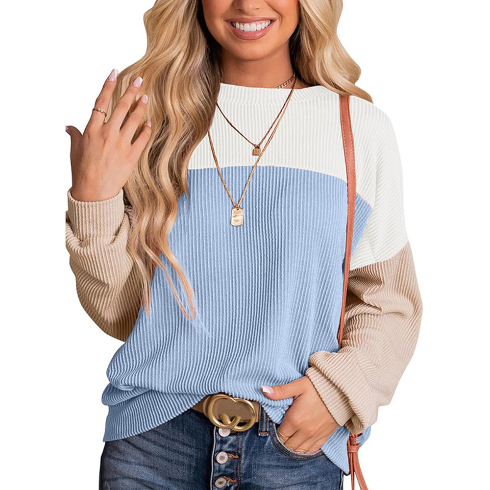 Womens Fashion 2024 Color Block Long Sleeve Crewneck Knitted Casual Loose Pullover Shirts Tops