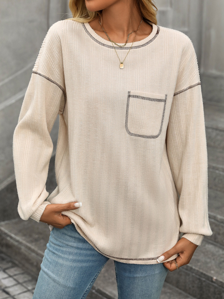 Casual Solid Crewneck Knitted Loose Fit Pullover Shirts Tops