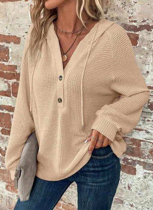 Casual V neck Hooded Waffle Tops